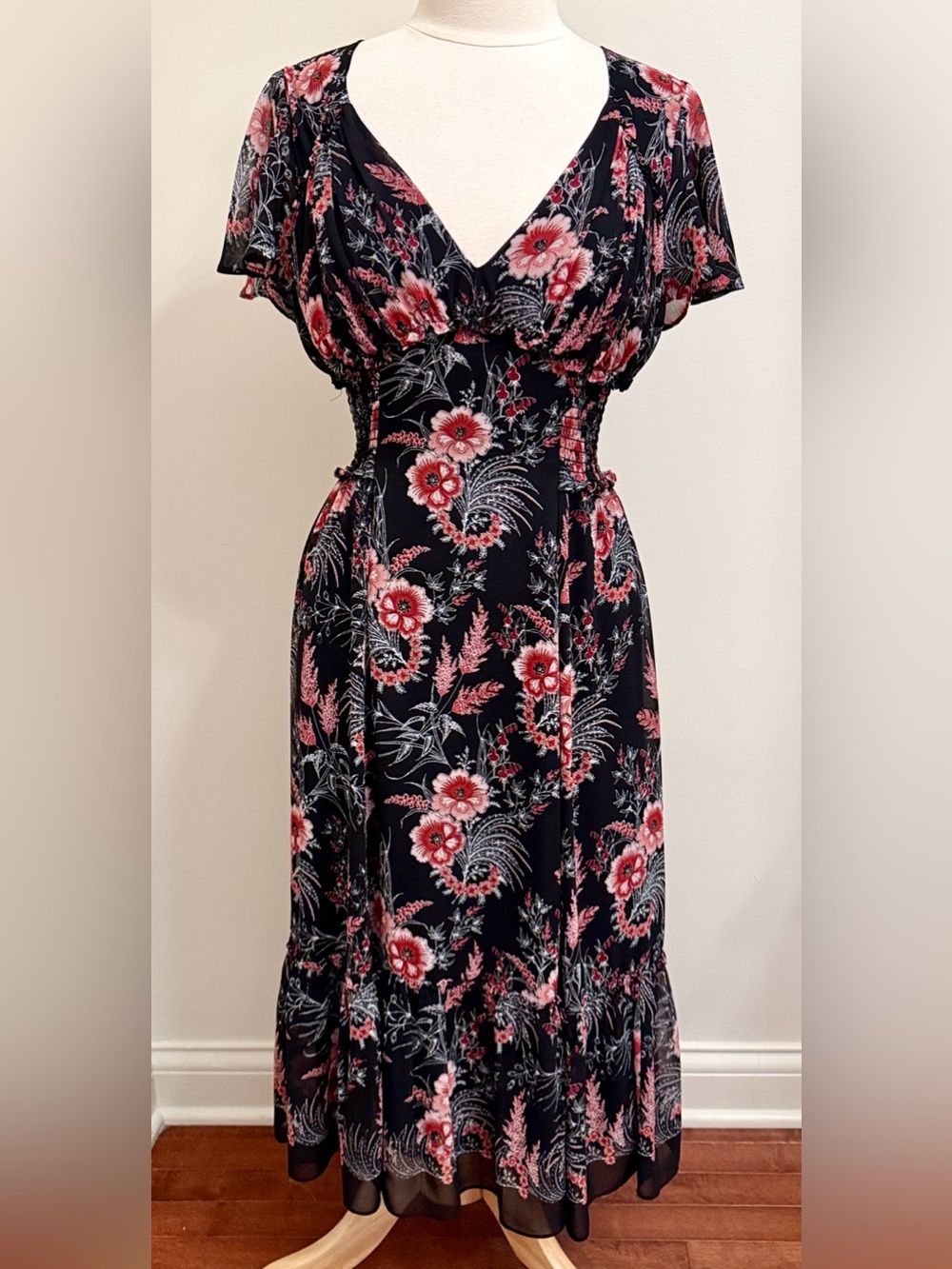 Max Studio Edit Black Pink Dark Floral S Whimsical Romantic Boho Chiffon Dress